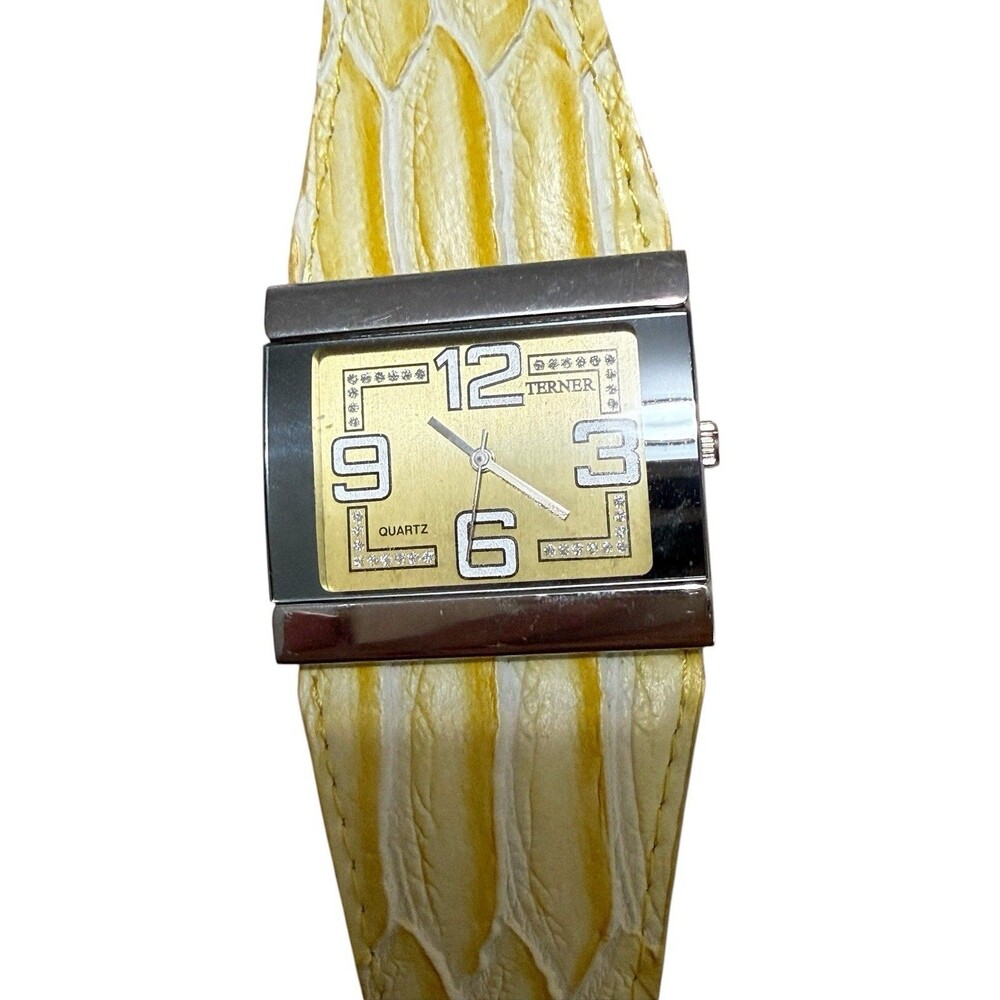 Bijoux Terner Yellow Faux Snakeskin Rhinestone Rectangle Quartz Watch